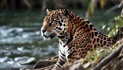 Wall Mural - Majestic Jaguar Resting by the Tranquil Riverbank