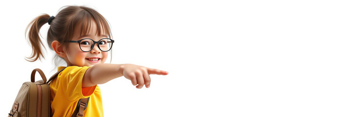 little girl (10 years old, smile, looking at camera, yellow t-shirt, glasses, backpack), pupil points with her finger to the side on white background, hand pointing empty place