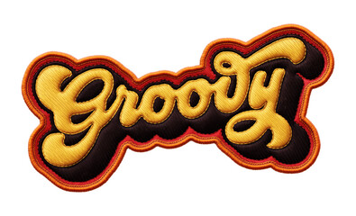 Word ‘Groovy’ written in retro script font with puff embroidery patch effect isolated on transparent background. 3D rendering