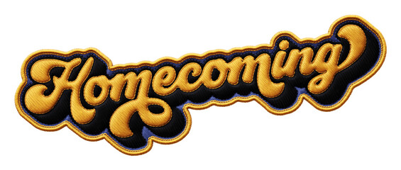 Word ‘Homecoming’ written in retro script font with puff embroidery patch effect isolated on transparent background. 3D rendering