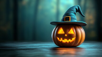 Sticker - jack-o'-lantern in with hat on green background with copy space