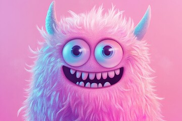 Illustration of funny cartoon monster on pink background. Halloween holiday