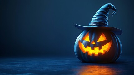 Sticker - jack-o'-lantern in with hat on blue background with copy space