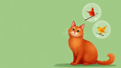 fluffy red cat , sitting and smiling cats looking at camera, drawn circles with birds inside circles flying around cats heads.