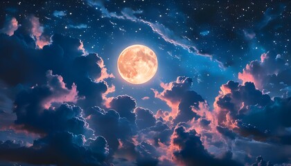 Wall Mural - Mystical Full Moon and Starry Night Sky Over Dreamlike Clouds Creating an Enchanting Romantic Atmosphere for Dreamers and Sky Enthusiasts