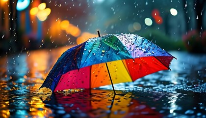 Colorful Rainy Evening with a Vibrant Rainbow Umbrella and Shimmering Raindrops Against a Soft Bokeh Background