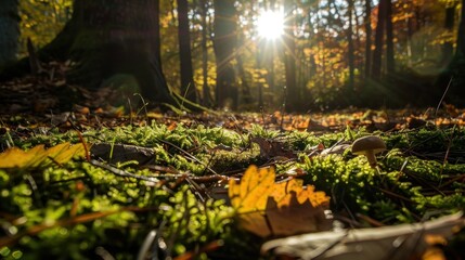 Canvas Print - Autumn Forest Floor with Sun Rays