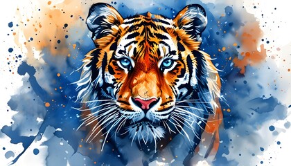 Wall Mural - Vivid watercolor portrait of a tiger with striking blue eyes and dynamic splashes, showcasing wild beauty and artistic expression for animal lovers and art enthusiasts