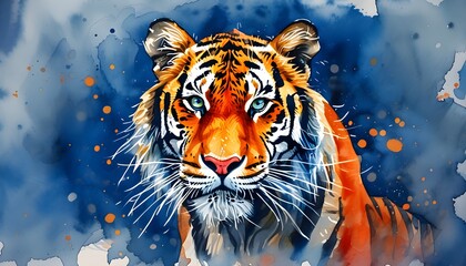 Wall Mural - Vivid watercolor portrait of a tiger with striking blue eyes and dynamic splashes, showcasing wild beauty and artistic expression for animal lovers and art enthusiasts