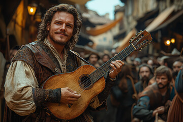 Canvas Print - A traveling minstrel entertaining a crowd with a lute and song. Concept of medieval music and entertainment.