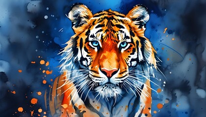 Wall Mural - Vivid watercolor portrait of a tiger with striking blue eyes and dynamic splashes, showcasing wild beauty and artistic expression for animal lovers and art enthusiasts