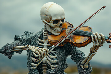 Wall Mural - A skeletal figure playing the fiddle, leading the living and dead in a twisted dance. Concept of music and mortality.