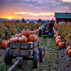 Harvest Sunset. A tranquil pumpkin patch at dusk, with a tractor and a wooden cart, bathed in the warm glow of the setting sun.