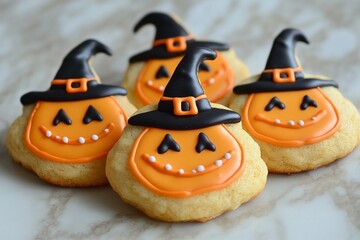 Fresh Halloween pumpkin, witch shaped cookies. Bakery. Bake. Cookies. Pumpkin. Witch's hat. 	