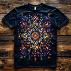 Colorful mandala design on a black t-shirt.