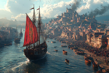 Canvas Print - a medieval ship setting sail from a bustling port. concept of exploration and trade in the middle ag