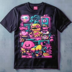 Wall Mural - Colorful pixel art t-shirt featuring various characters.