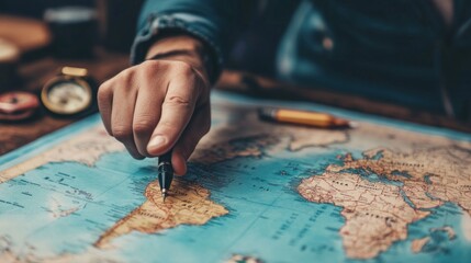 People's hands pointing at a travel planning map, planning their trip together before setting off on a journey into the wilderness