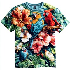 Colorful tropical shirt featuring parrots and hibiscus flowers.