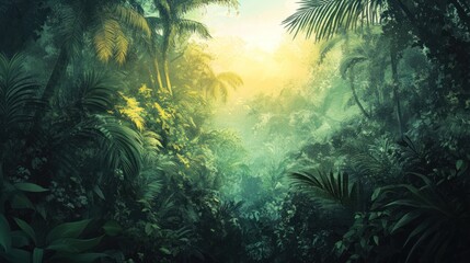 A sunlit path through a dense, lush jungle with vibrant foliage and a hazy atmosphere.