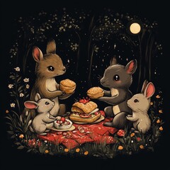 Sticker - Cute animals having a picnic under a starry night sky.