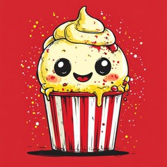 Sticker - Cute cartoon cupcake with a smiling face and colorful sprinkles.