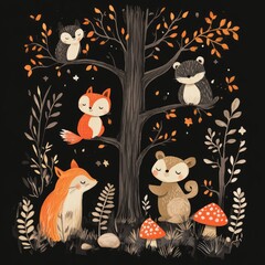 Wall Mural - Cute forest scene with animals and trees.