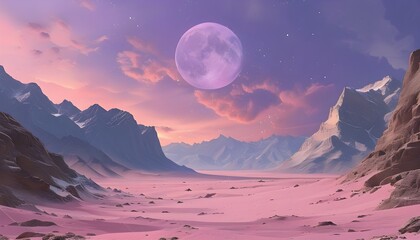 Wall Mural - Enchanted Pink Desert with Majestic Mountains and Dreamy Sky Beneath a Purple Moon at Sunset