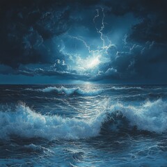 Sticker - Dramatic seascape with stormy clouds and bright lightning.