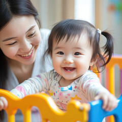 Canvas Print - young beautiful japanese mother is playinmg with her daughter in colorful playpen 