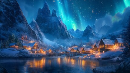 Poster - A Cozy Winter Village Nestled in Snowy Mountains Under a Starry Sky with the Aurora Borealis