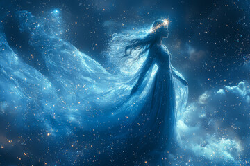 Wall Mural - a radiant goddess with flowing robes and a crown of stars, guiding the night sky from a celestial re
