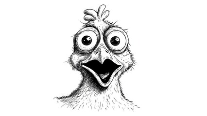 Wall Mural - chicken cartoon with crazy eyes, black and white, white background