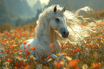 Wall Mural - A magical being with a silver mane and a sparkling horn, trotting through a field of enchanted flowers. Concept of unicorn elegance and enchantment.