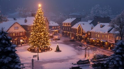 Poster - Snowy Christmas Eve in a Quaint Village Square