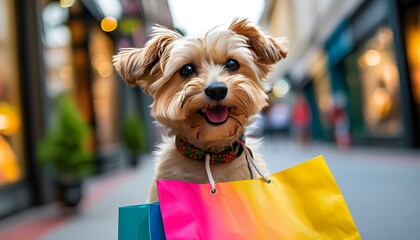 Charming Dog Enjoys Vibrant Shopping Experience on City Street, Embracing Joy of Retail Therapy Under Bright Daylight