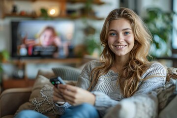 young woman sitting on a sofa in her living room, holding a remote control while watching television on a flat screen.