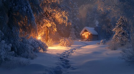 A Cozy Cabin in a Snowy Forest at Night