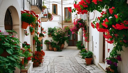 Wall Mural - Enchanting Black and White Alley adorned with Blooming Plants in Polignano a Mare, Puglias Architectural Beauty