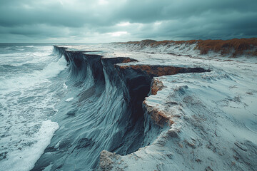 Wall Mural - A weathered shoreline with significant erosion due to a recent hurricane. Concept of coastal erosion and storm impact.