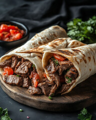 Wall Mural - Beef shawarma on a dark background. Shawarma with beef in pita bread. National Shawarma Day