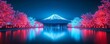 © Anny - Hologram Mount Fuji, digital projection over lake, neon sakura blossoms, futuristic Japan