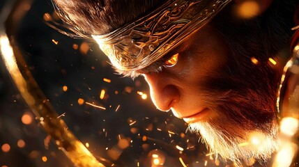 Poster - Golden Monkey King with Fiery Eyes and Sparkles