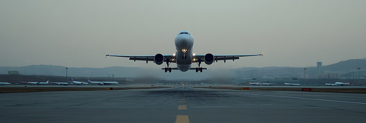 Wall Mural - Airplane Landing at Sunset | Stunning Aviation Scene with Vibrant Sky Colors and Dramatic Lighting