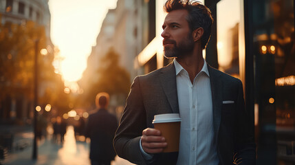 Wall Mural - a successful businessman wearing casual suit jacket , holding coffee cup while walking in the city in the  morning time.