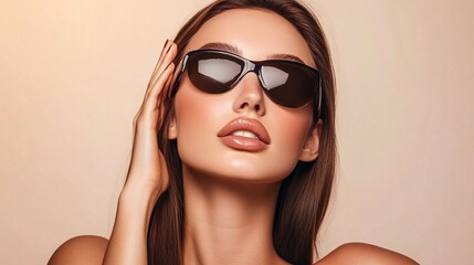 Wall Mural - Beautiful brunette woman with sunglasses posing on beige background