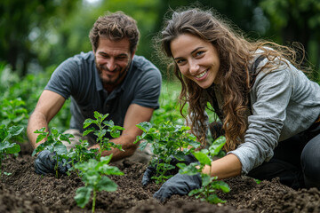 Wall Mural - A couple planting a garden together, working side by side and smiling. Concept of teamwork and growth.