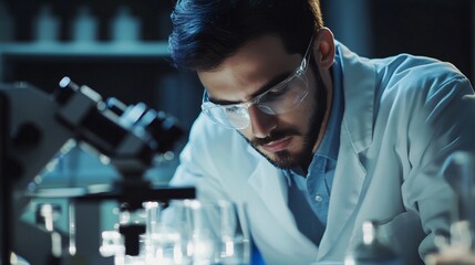 A scientist in a lab coat analyzing samples under a microscope in a modern laboratory, copy space