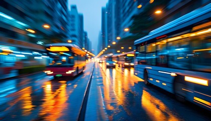 Canvas Print - Vibrant Evening City Traffic with Motion Blur of Public Transit Bus amidst Rainy Street Lighting and Urban Commuting Atmosphere in the Blue Hour