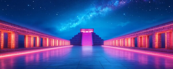 Virtual Chichen Itza, glowing holographic ruins, starry night, futuristic Mexico